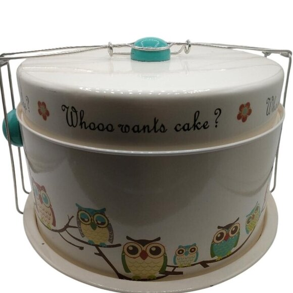 Vintage Owl-Themed Cake Carrier With "Whooo Wants Cake?" Text Locking Metal Hand - Picture 1 of 7